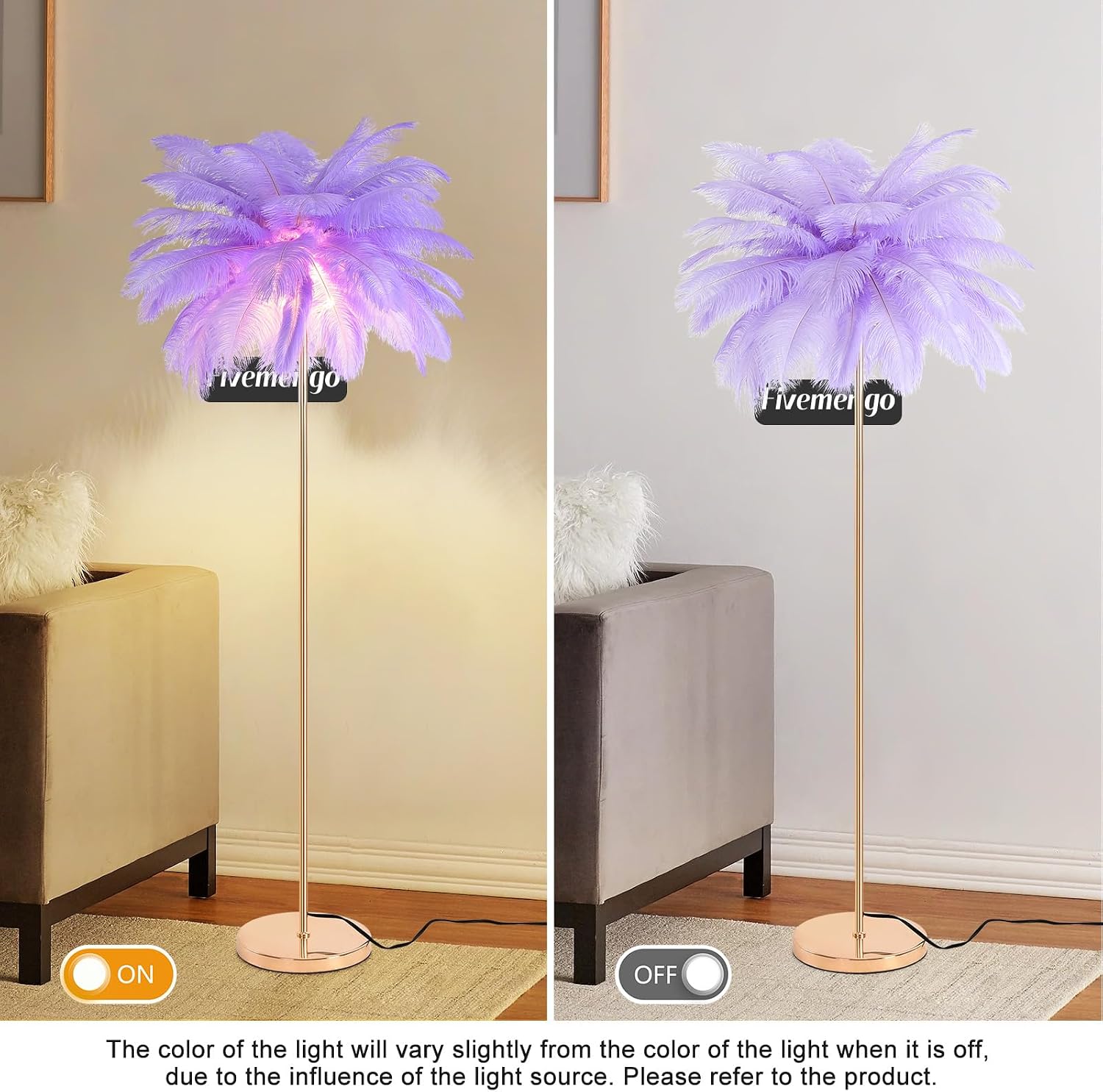 Feather Floor Lamp for Living Room, Fluffy Ostrich Feathers Lamp, Rose Gold Color Body, 3 Color Temperatures Modern Funky Tall Standing Lamp for Bedroom Inclued LED Bulbs (Light Purple)