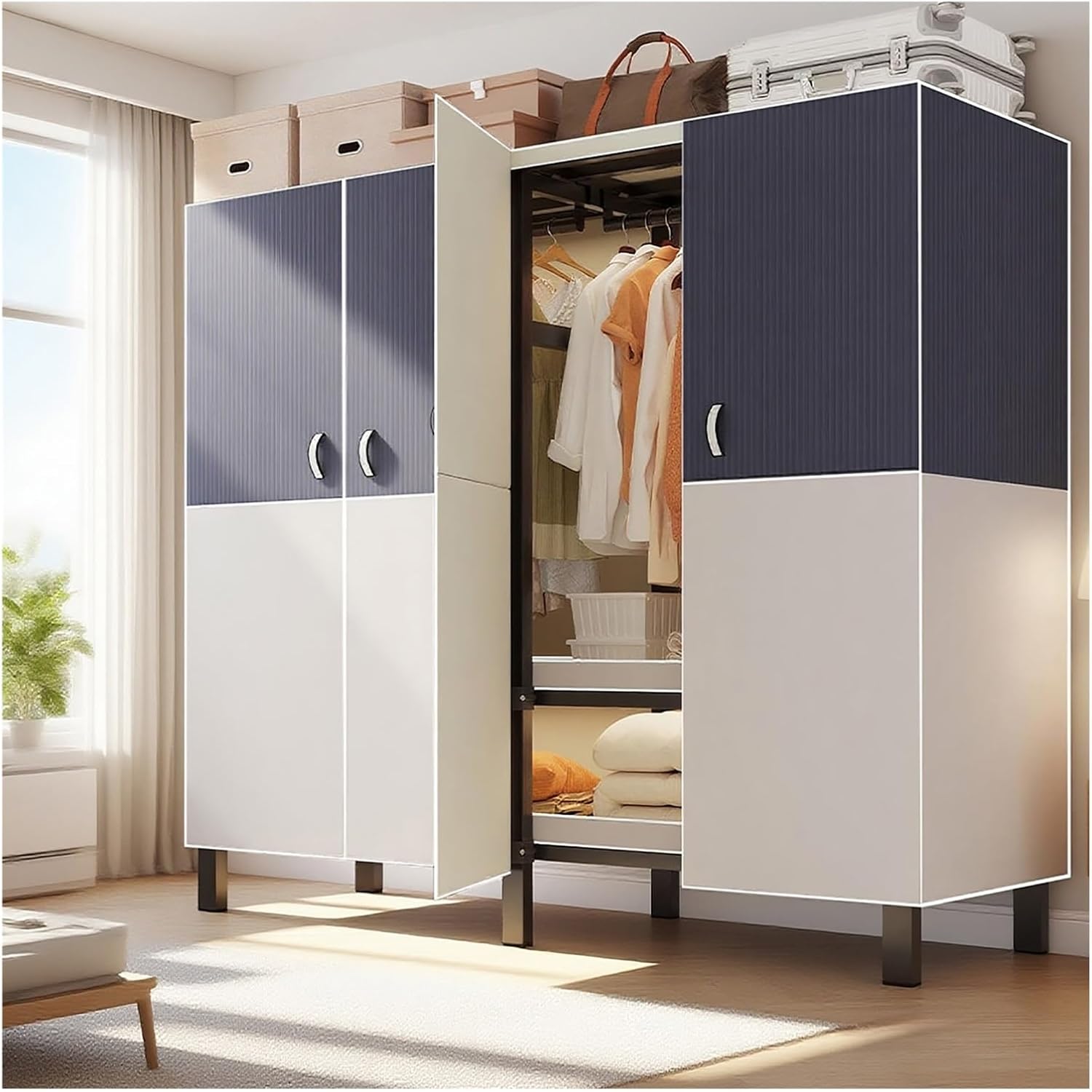 Foldable Closet Wardrobe Heavy Duty Clothes Rack With Cover Portable Metal Clothing Rack Organizer Freestanding Armoire Storage Garment Racks For Hanging Clothes(A,87x172x52cm/34X68X21IN)