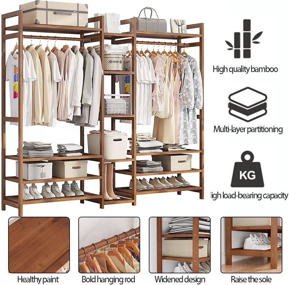 Bamboo Clothes Rail Stand with Hanging Rod 2 Shelves and Hooks Freestanding Garment Rack for Bedroom Hallway Natural Wood nizer for Coat and Clothing Storage