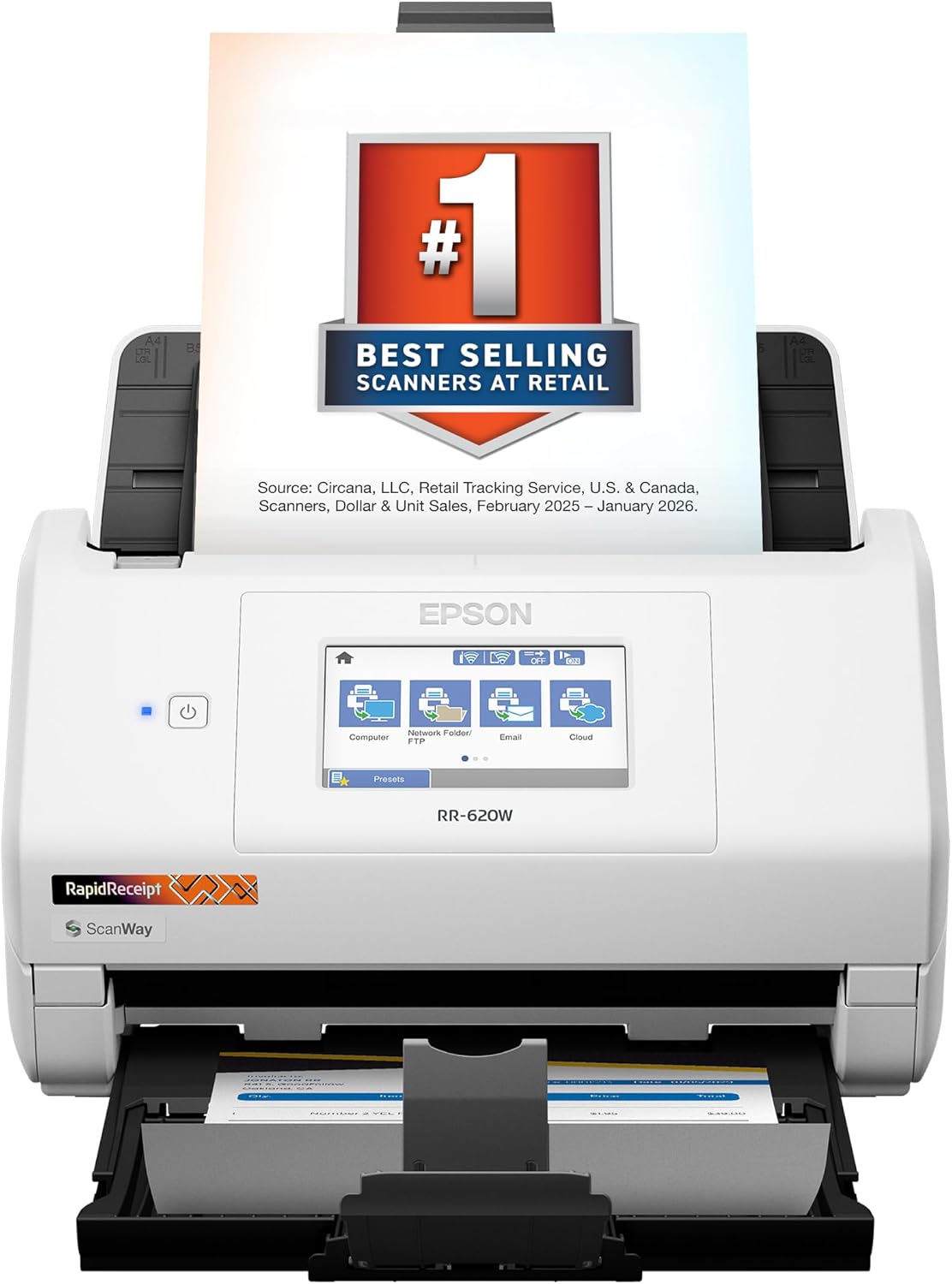 Epson RapidReceipt RR-620W Wireless & USB High-Speed AI & Cloud Ready Desktop Color Duplex Receipt & Document Scanner for Mac & PC, up to 45 ppm, 4.3' Color Touchscreen, 100-Page Auto Document Feeder