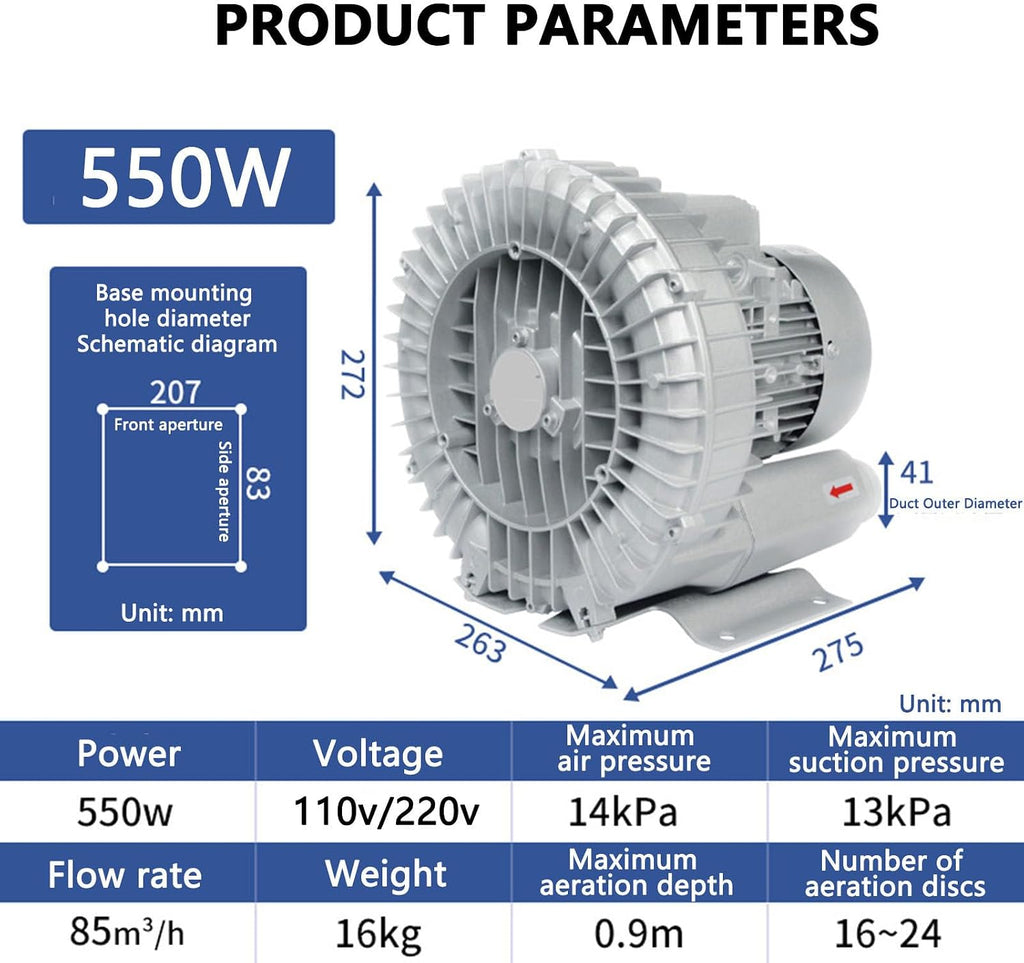 0.75HP Regenerative Blower 550W - Air Blowing & Suction, 50Hz Single Phase, High Efficiency 180W/250W/300W/370W/1100W/1500W Options, Quiet Operation for Industrial Use