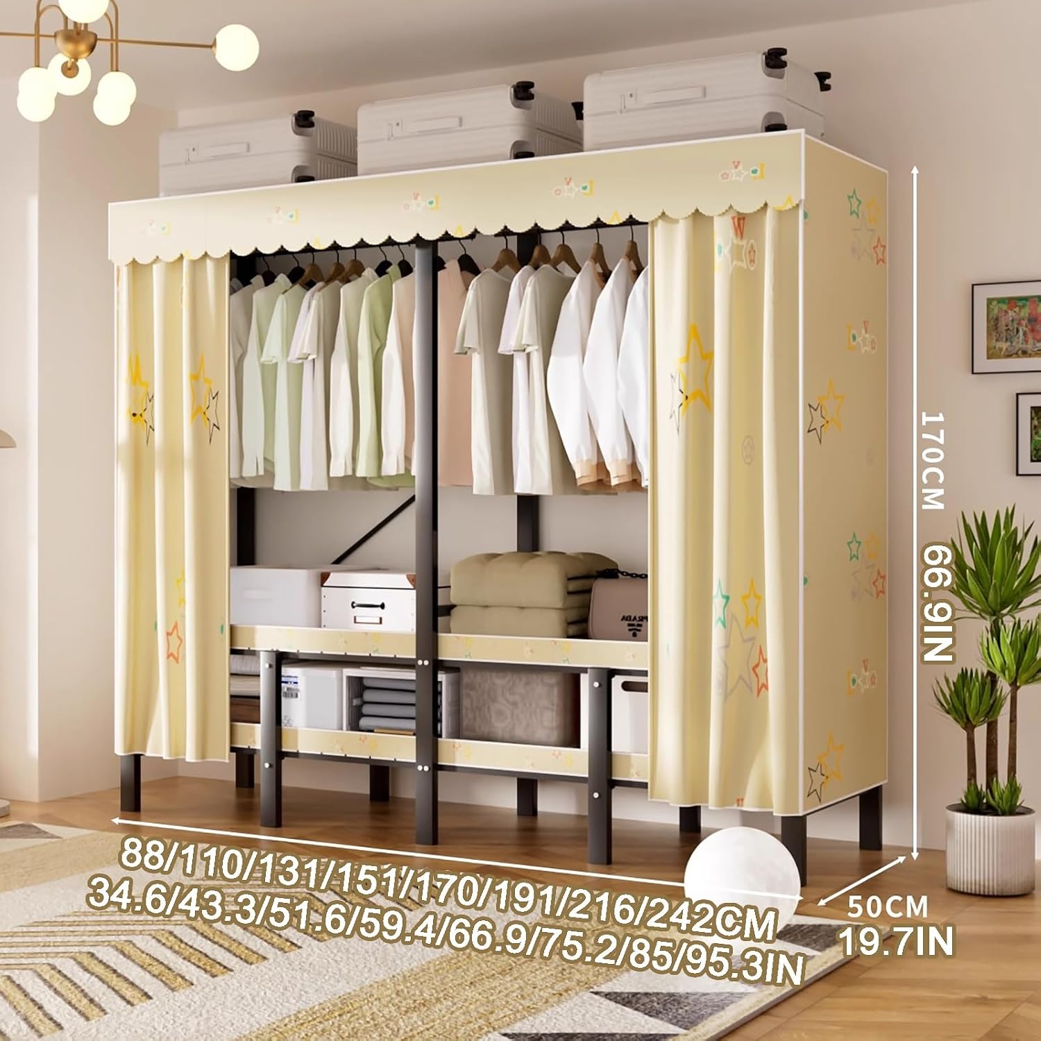 Portable Wardrobe Closet Rack 1100lbs Heavy-Duty Foldable Garment Rack With Cover Freestanding Covered Clothes Organizer System enclosed Armoires For Hanging Clothes(191cm/75.2in)