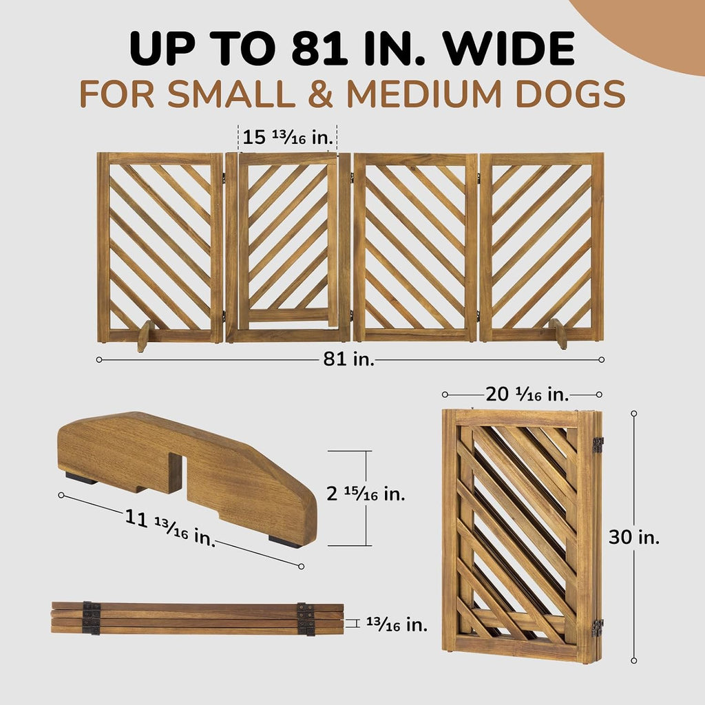 dCee Solid Acacia Wood Dog Gate, Freestanding Walk-Through Pet Gate, 81' 4-Panel Foldable Wooden Dog Gates with Door & 2 Support Legs for Doorways, Kitchen, Hall, Stairs, Indoor & Outdoor