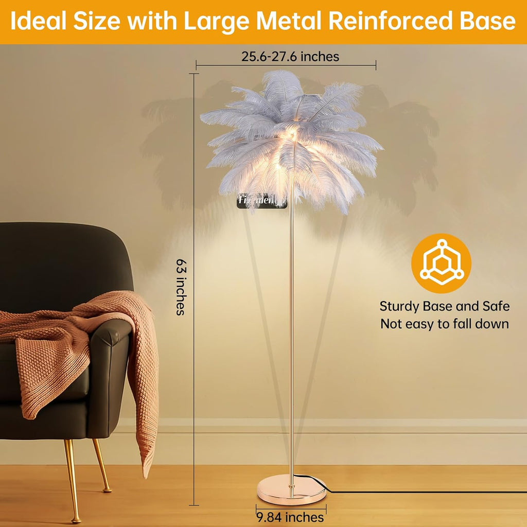Feather Floor Lamp for Living Room, Fluffy Ostrich Feathers Lamp, Rose Gold Color Body, 3 Color Temperatures Modern Funky Arc Tall Standing Lamp for Bedroom Inclued Bright LED Bulbs (Grey)