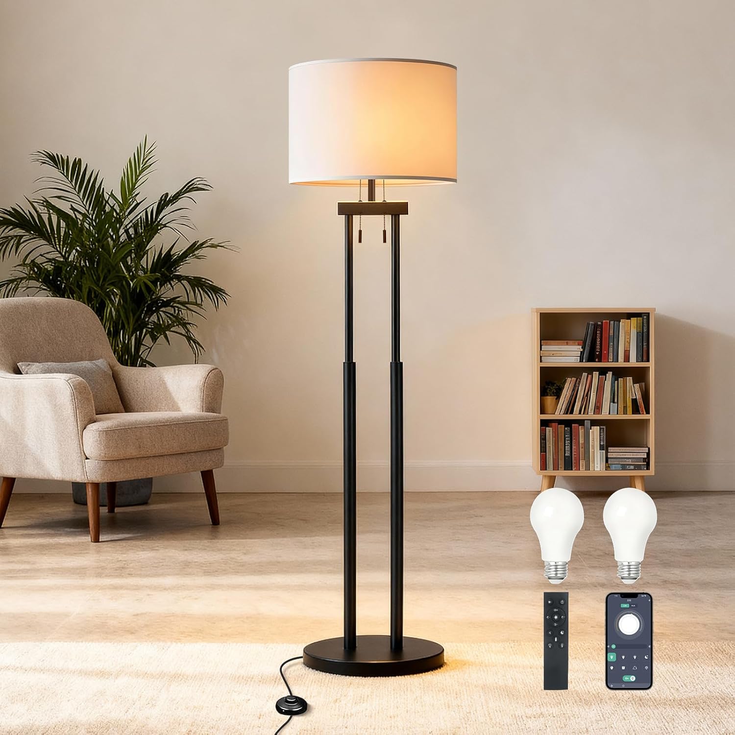 Dimmable Floor Lamps, Floor Lamp with Remote & App Control, 3 Color Temperatures, Stepless Dimming, Reading Floor Lamp, Standing Lamp, Tall Lamp, Floor Lamps for Living Room, 2 Bulbs(Included)