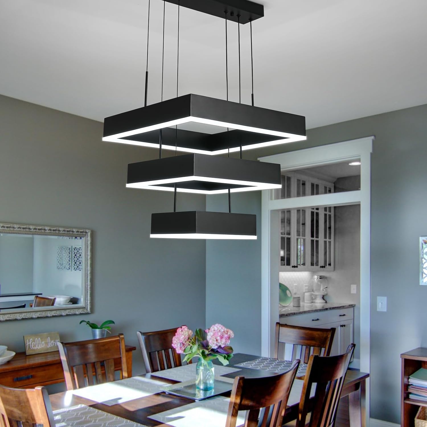 O'NEELDY Modern Chandelier 58W LED Black Pendant Light Embedded Mount Square Rings LED Chandeliers Dining Room Light Fixtures for Kitchen Bedroom, 6000K