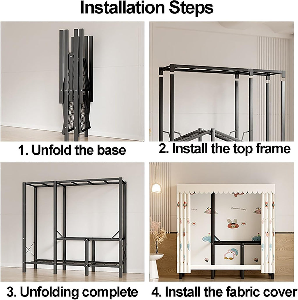 Foldable Closet With Cover,Heavy Duty Clothes Rack,Portable Wardrobe Closet For Hanging Clothing,Black Metal Garment Rack, Freestanding Covered Armoire Coat Storage(Brown,200x48x172cm)