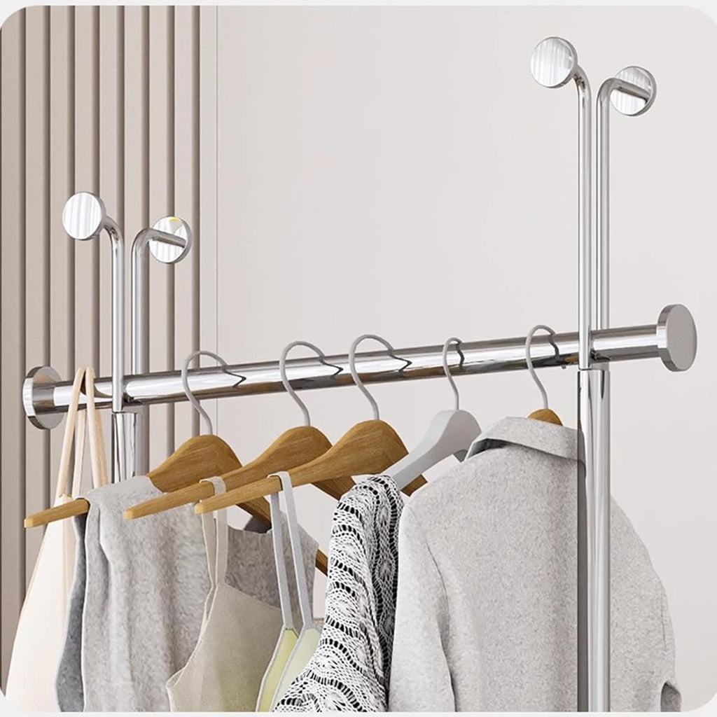 Heavy Duty Garment Rack Silver Stainless Steel Clothing Rack with PU Storage Box and Hooks, Freestanding Clothes Organizer On Wheels, Multi-Functional Coat Rack for Bedroom (Silver+Brown)