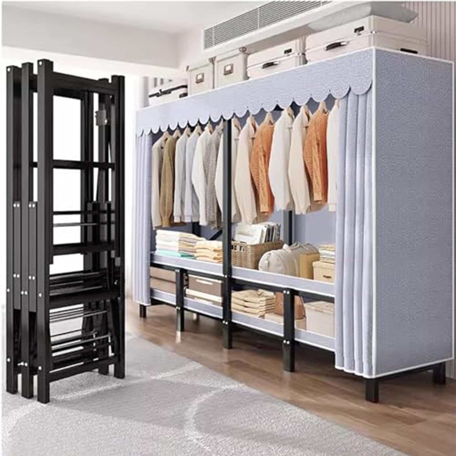 Portable Wardrobe Closet Rack - Foldable Portable Closet Wardrobe Rack - 1100lbs,Heavy-Duty Foldable Garment Rack with Cover，Freestanding Clothes Organizer System(Size:190cm)