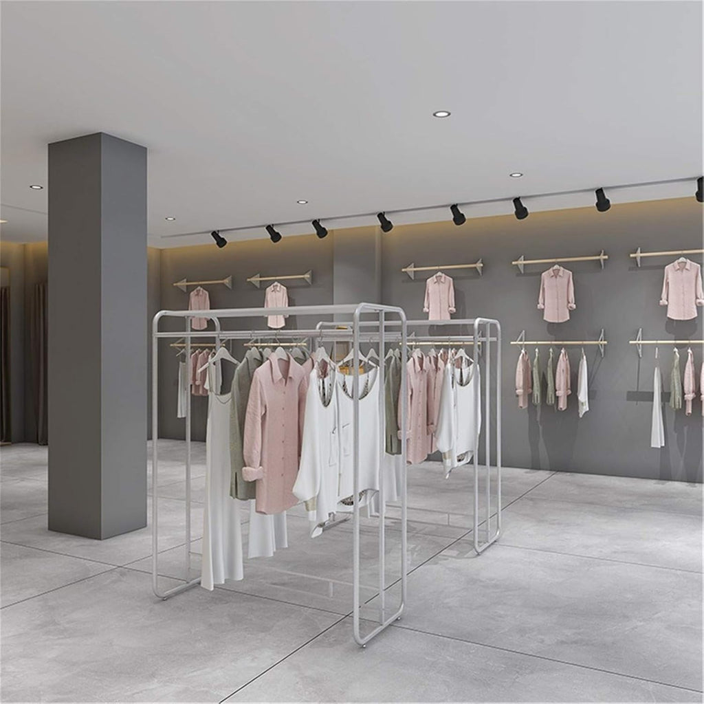 KnoRRs Stylish Silver Display Stand,Double-Rod Coat Pipe Shelf with Top Storage Rack,Freestanding Garment Rack for Shirts,Dresses,for Clothes Store,Boutique,135/150cm(Size:135 * 150CM) (135 * 120CM)
