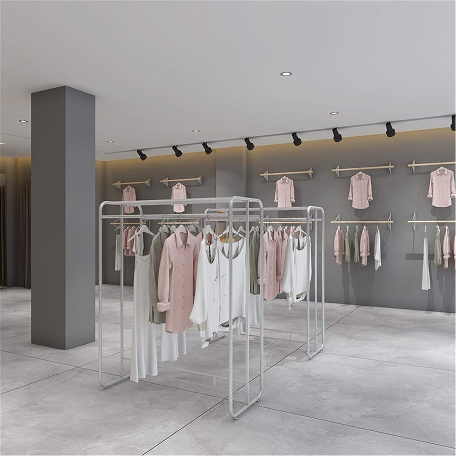 KnoRRs Stylish Silver Display Stand,Double-Rod Coat Pipe Shelf with Top Storage Rack,Freestanding Garment Rack for Shirts,Dresses,for Clothes Store,Boutique,135/150cm(Size:135 * 150CM) (135 * 120CM)