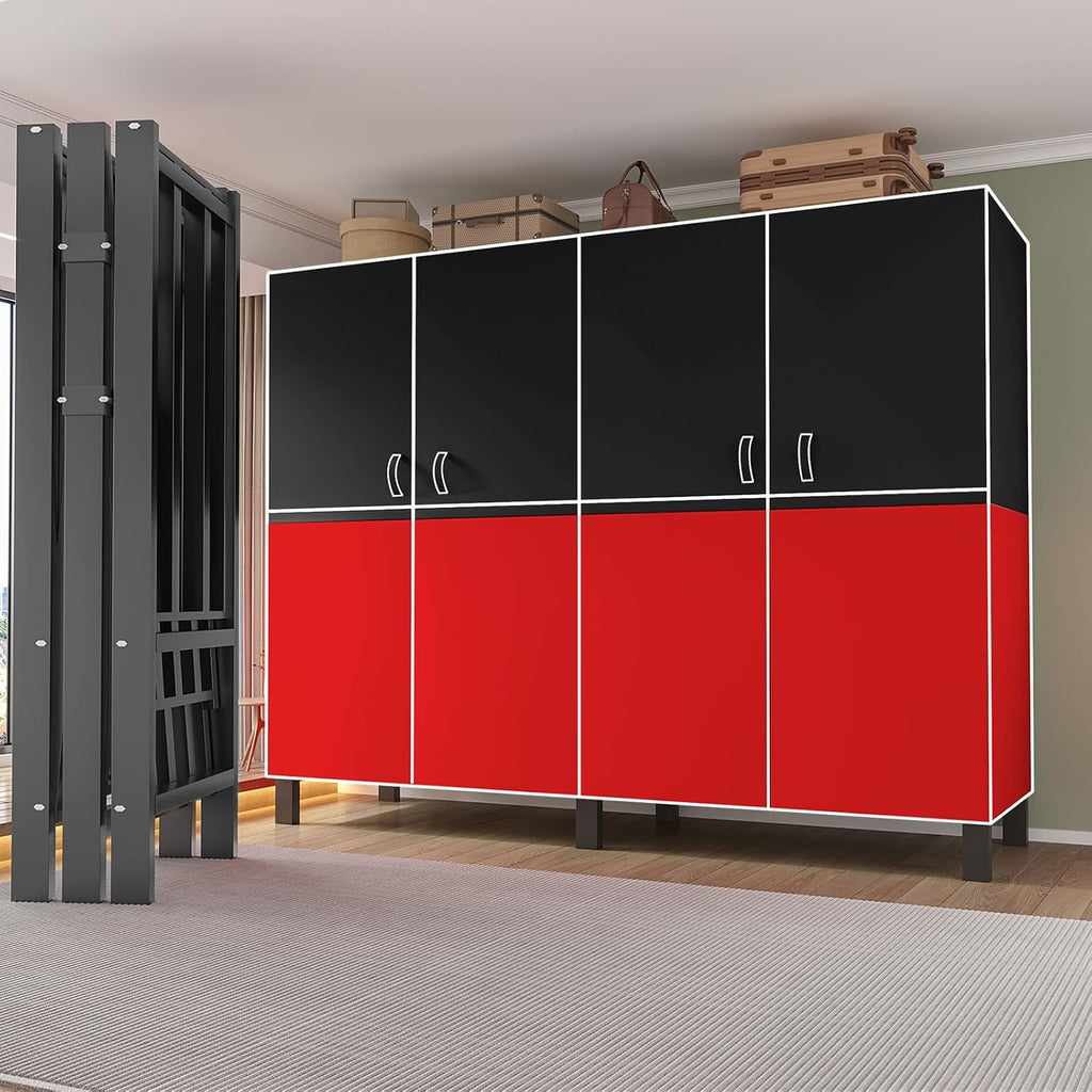 Heavy Duty Portable Closet Wardrobe, Garment Rack with Cover & Hanging Rods, Freestanding Wardrobe with Magnetic Door, Metal Closet Rack for Hanging Clothes (Door Design C, 49.2''/125cm)