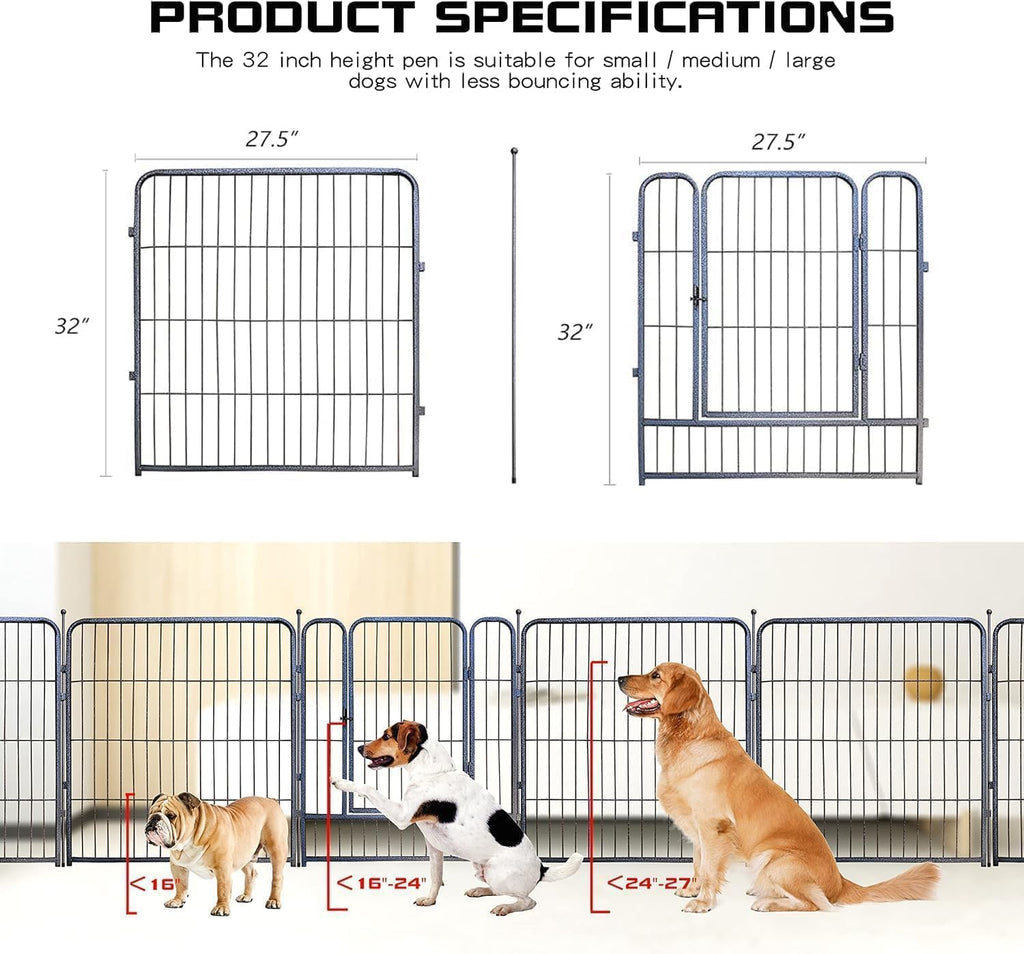 Dog Playpen,32/40/45 Inch Height in Heavy Duty, Folding Indoor Outdoor Anti-Rust Dog Exercise Fence, Portable Pet Playpen with Door for Large Medium Small Dogs and Pet (24 Panels, 32 Inch) Silver