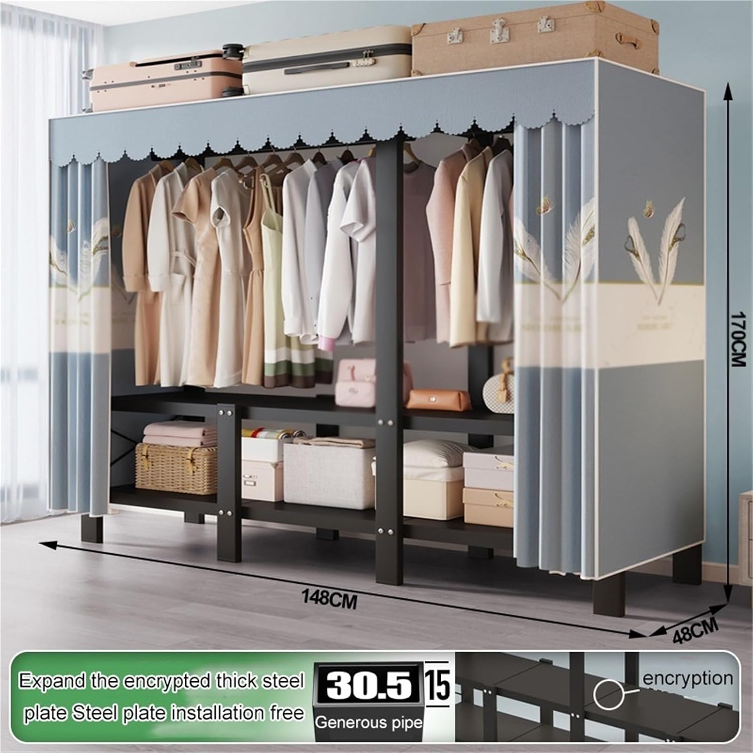 Heavy Duty Closet Organizer System,Adjustable Garment Rack,Extra Wide Portable Closet Loads 1200LBS Freestanding Garment Rack For Bedroom(128X48X170CM)