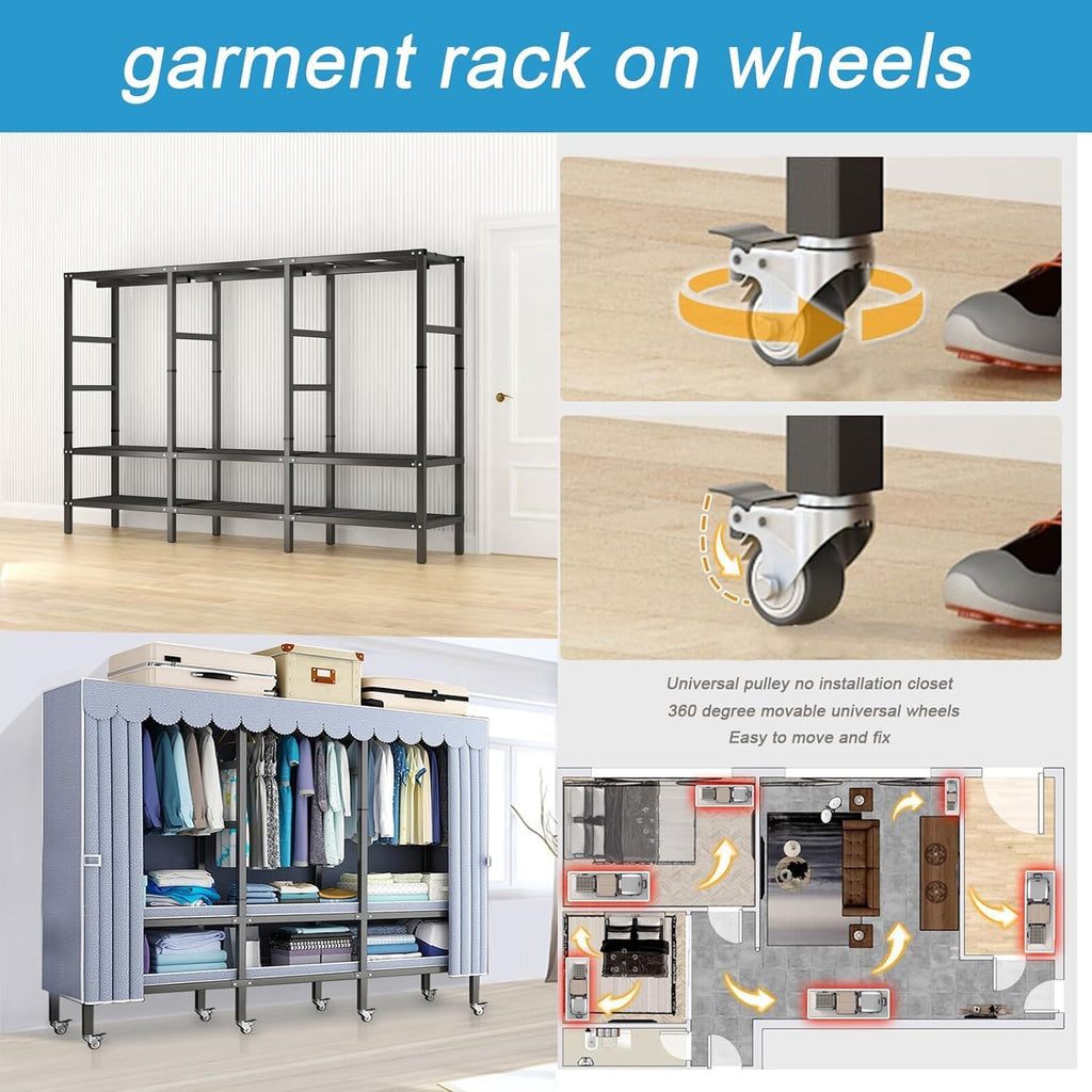 Collapsible Garment Rack with Cover and Wheels, 70.8in High Portable Wardrobe Closet Rack/Heavy-Duty Freestanding Closet System for Bedroom/Large Cabinet Clothes Storage Organizer (84.6in/215cm)