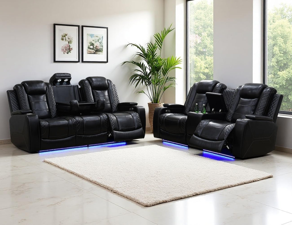 Leather Power Recliner Sofa Set, Living Room Furniture Sets, 2 Piece Reclining Sofa Set with LED, Black Recliner Furniture with Arm Storage/Cup Holders/Charging Ports for Home Theater/Office