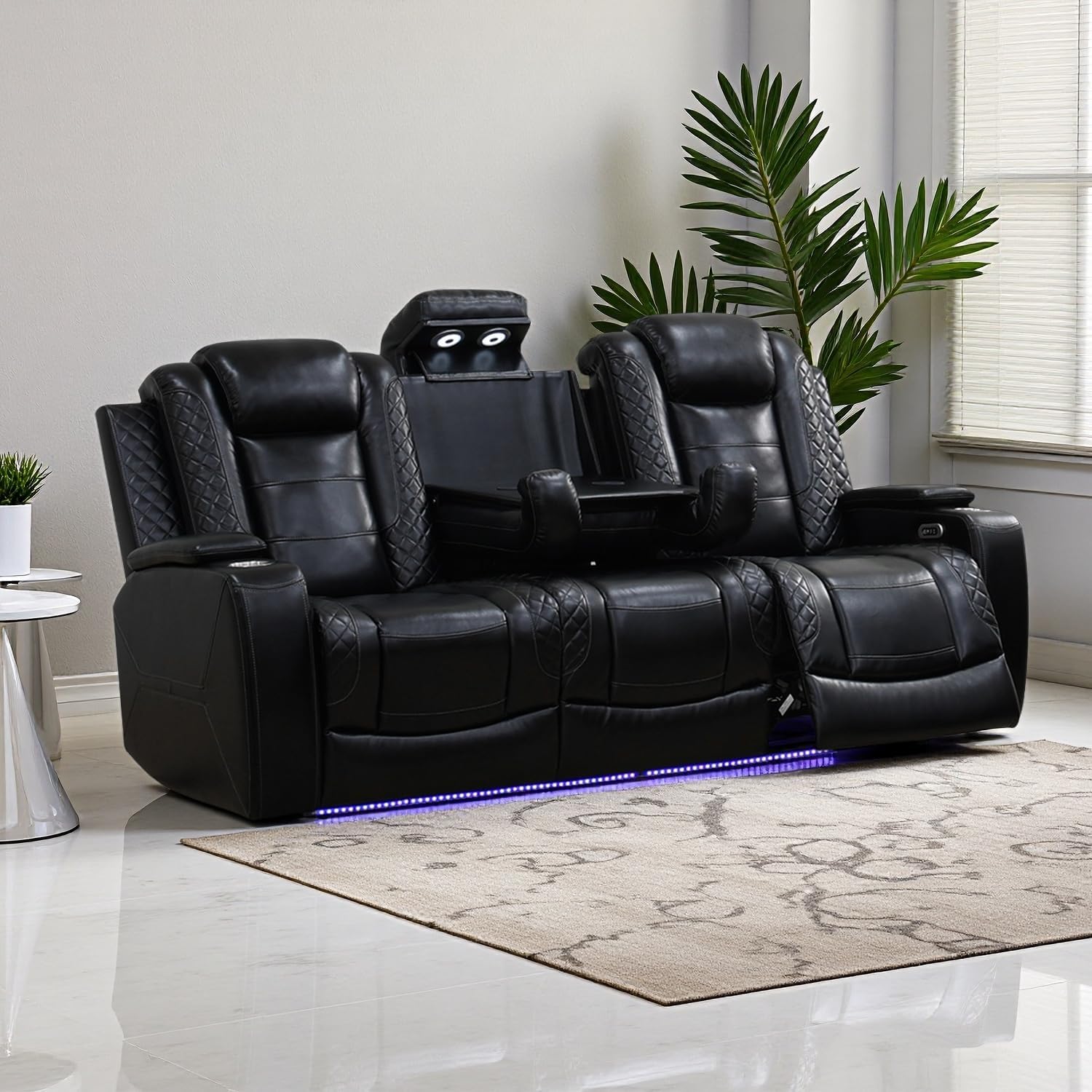 Power Theater Recliner Sofa Couch with LED, Breathing Leather Reclining Couch, Furniture for Living Room with Arm Storage/Cup Holders/Read Light/Home Theater/Office/Club, Black (3 Seater)