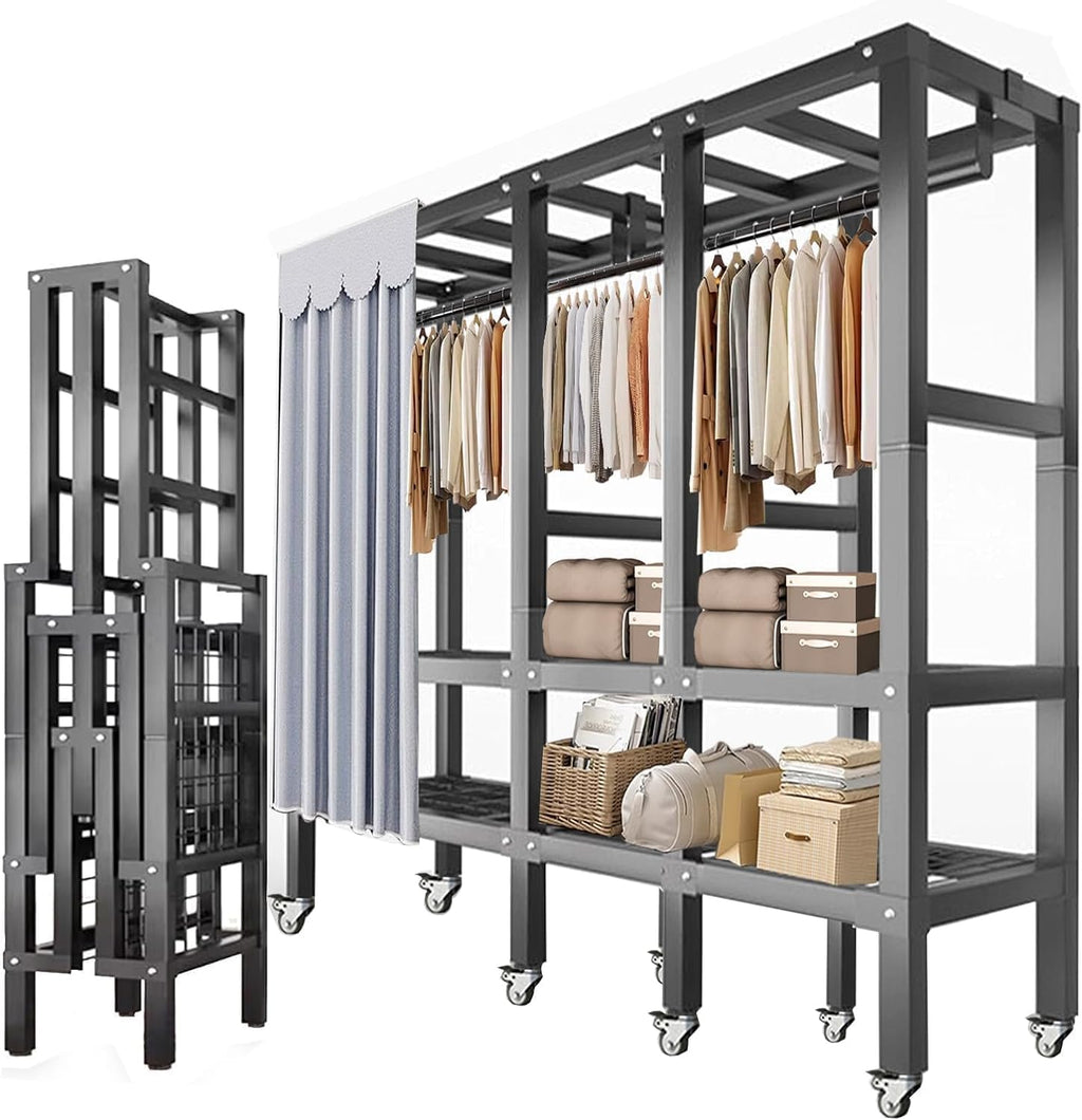 Rolling Garment Rack Portable Closet Clothes Rack for Hanging Clothes, Metal Wardrobe Clothing Rack with Wheels and 3 Closet Rods, Foldable Shelves, Freestanding Wardrobe Rack with Dust Cover (74.8in)