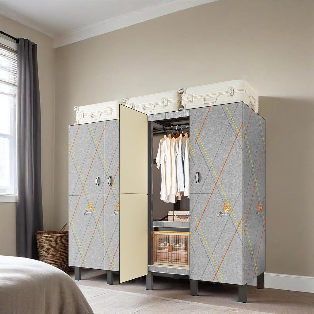 Portable Wardrobe Closet, Heavy Duty Clothing Rack for Hanging Clothes, Metal Clothes Rack with Cover and Hanging Rods, Freestanding Wardrobe Armoire Load 1000 LBS (Door Style 70 inches/180cm)
