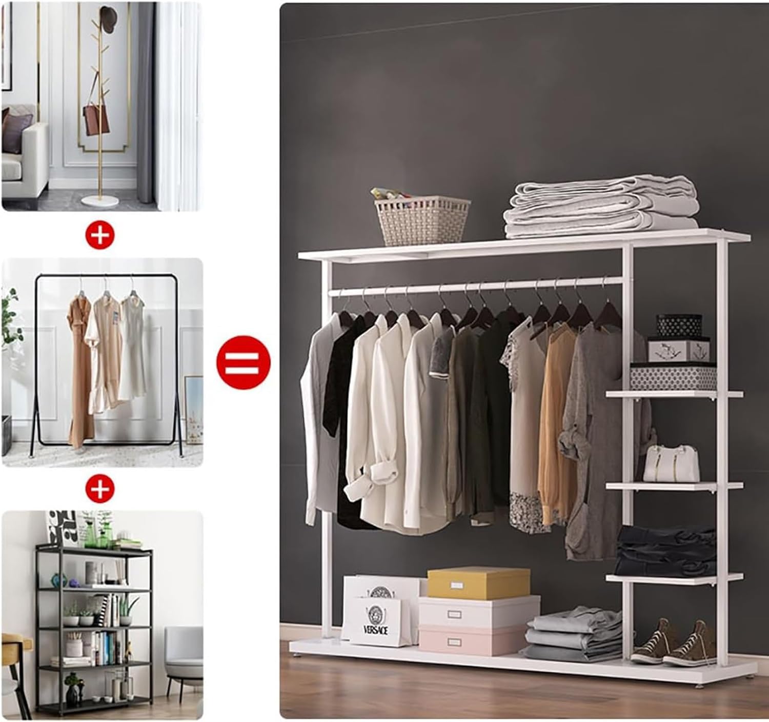 Hangers Display Stand - Garment Rack with Shelf, Metal Clothing Rack Free Standing Closet Organizer with 5 Tier Shelf,Large Clothing Display Stand for Home, Clothing Stor(A3