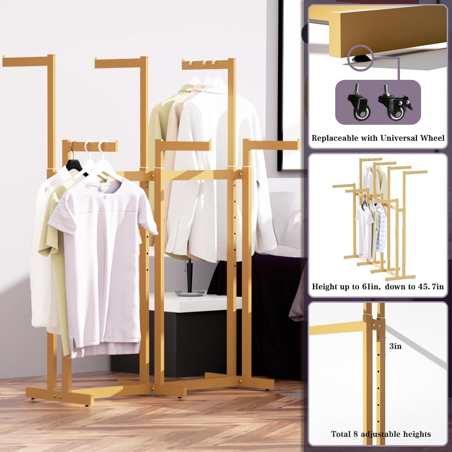 Clothing Racks - Metal Garment Racks for Retail Display Hanging Clothes, Heavy Duty Gold Commercial Clothing Display Rack with Wheels, FreeStanding (White