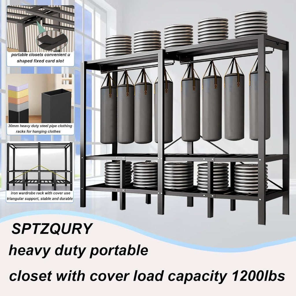 Heavy Duty Foldable Closet Rack With Cover, Large Capacity Portable Wardrobe Closet For Hanging Clothes, Max Load 1200lbs, Metal Freestanding Armoires Wardrobe Hanger Clothes Organizer(125cm/49.2in)