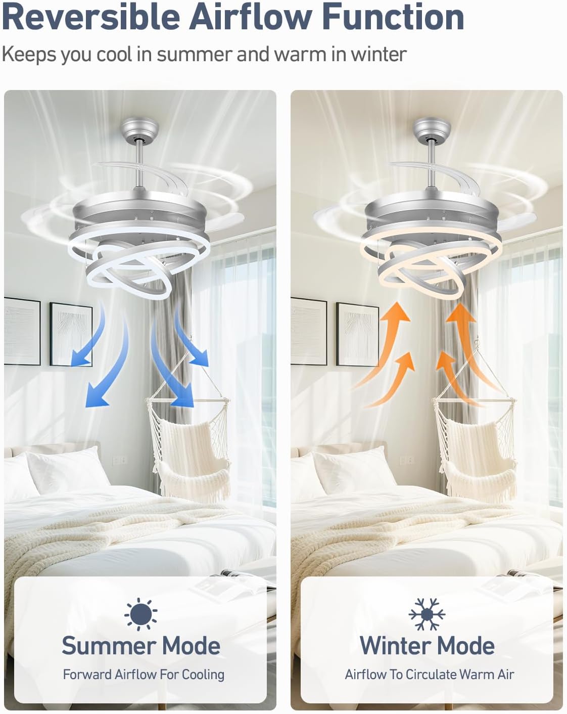 42 Inch Retractable Ceiling Fans with Lights and Remote, Modern Chandelier Fandelier Ceiling Fans, Quiet Reversible DC Motor, 6 Speeds, 3 Color Dimmable LED for Bedroom Living Room (Silver)