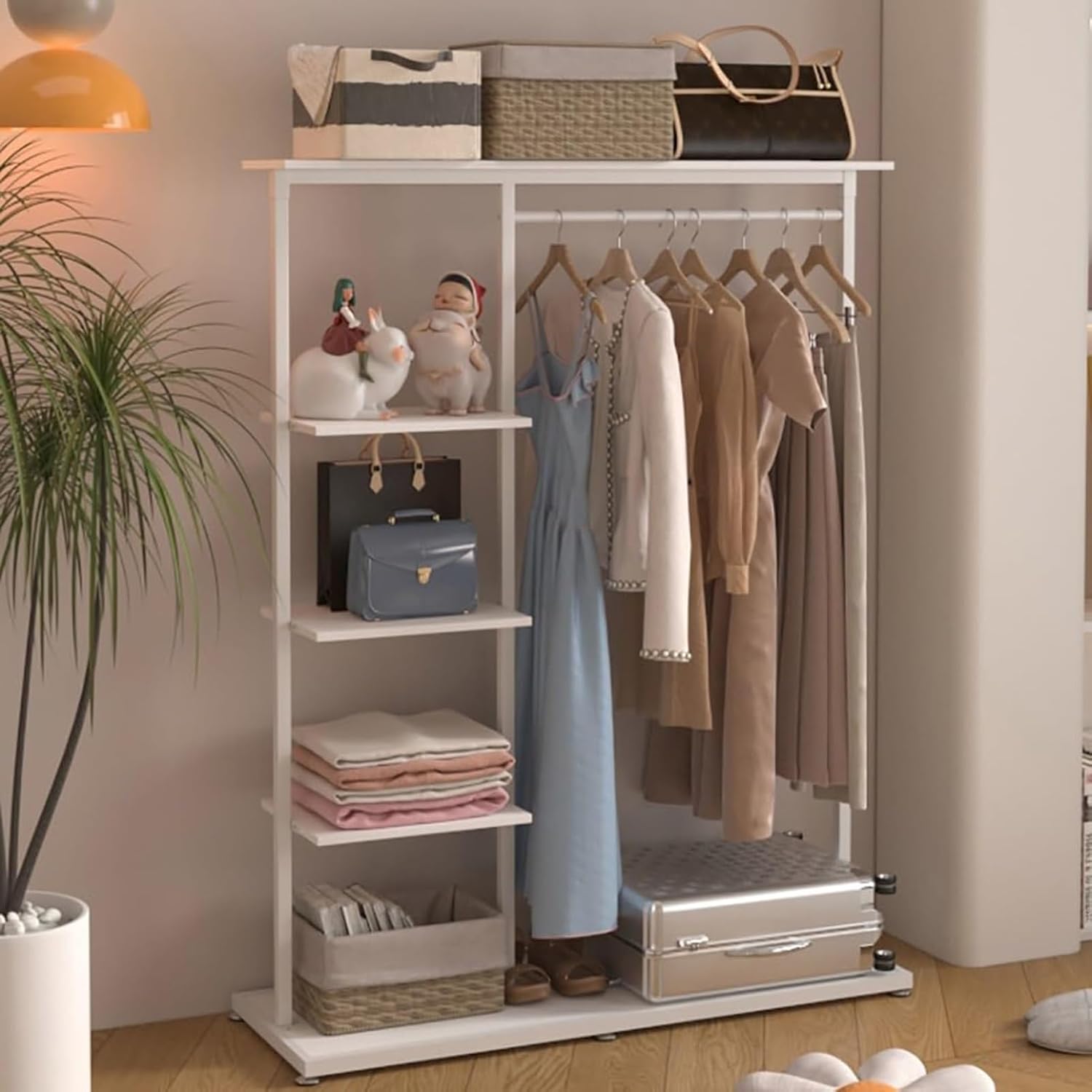 Hangers Display Stand - Garment Rack with Shelf, Metal Clothing Rack Free Standing Closet Organizer with 5 Tier Shelf,Large Clothing Display Stand for Home, Clothing Stor(A3