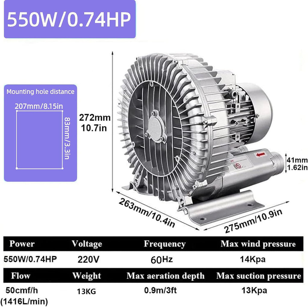 Regenerative Blower,120W, 180W, 250W, 370W, 550W,750W,1100W,1500W Vortex Ring Blower, 110v 60hz Industrial Vacuum Pump,Fish Ponds Aeration Oxygenation Machine (1100W/1.49HP)