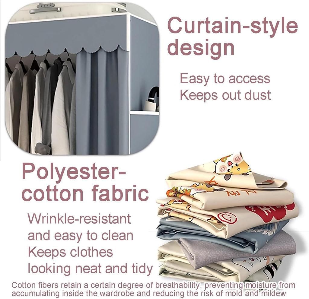 Portable Wardrobe Closet Storage Organizer for Bedroom, Folding Garment Rack, 23MM Thick Steel Hanging Rack with Polyester/Cotton Fabric Cover Blue(145 * 45 * 170cm)