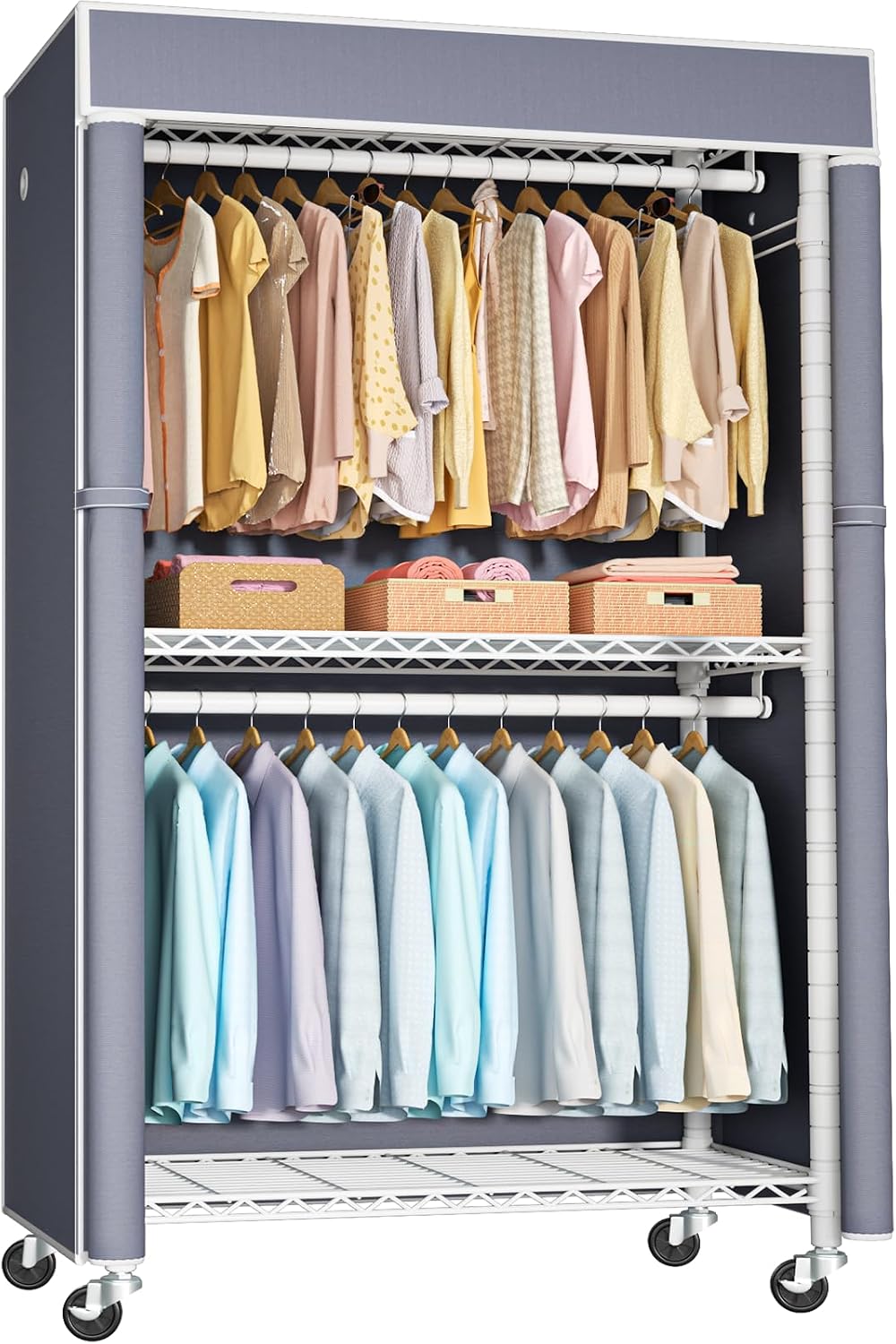 FUTASSI White Clothing Rack with Grey Cover, P1C Rolling Closet Rack with Wheels, Metal Garment Rack for Hanging Clothes, Clothing Storage Wardrobe, 36.2' W x 16.5' D x 80.5' H, Load 450 Pounds
