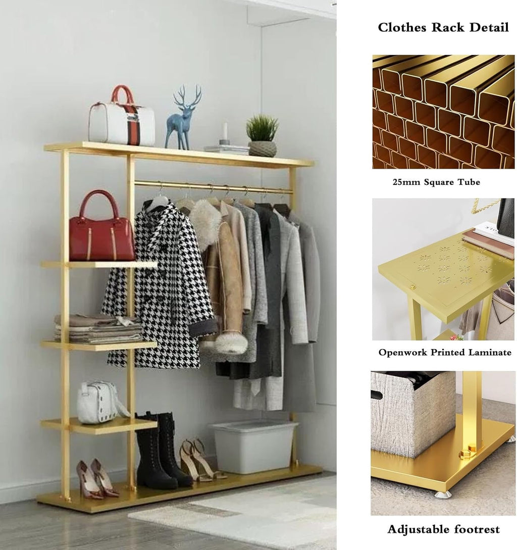 Hangers Display Stand - Garment Rack with Shelf, Metal Clothing Rack Free Standing Closet Organizer with 5 Tier Shelf,Large Clothing Display Stand for Home, Clothing(One Color-100 * 40 * 155cm
