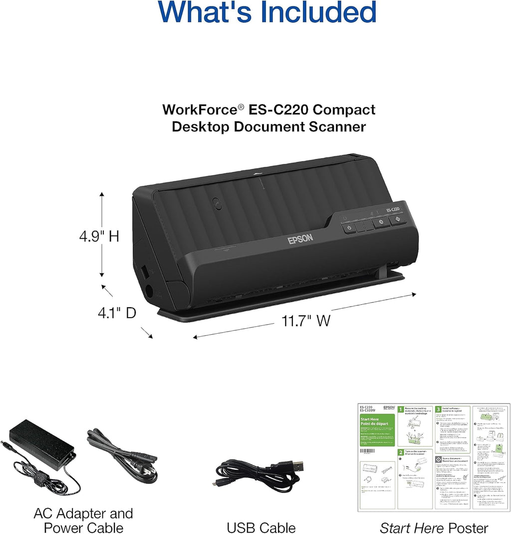 Epson Workforce ES-C220 Compact Desktop Document Scanner - 2-Sided Scanning - ADF - for PC and Mac