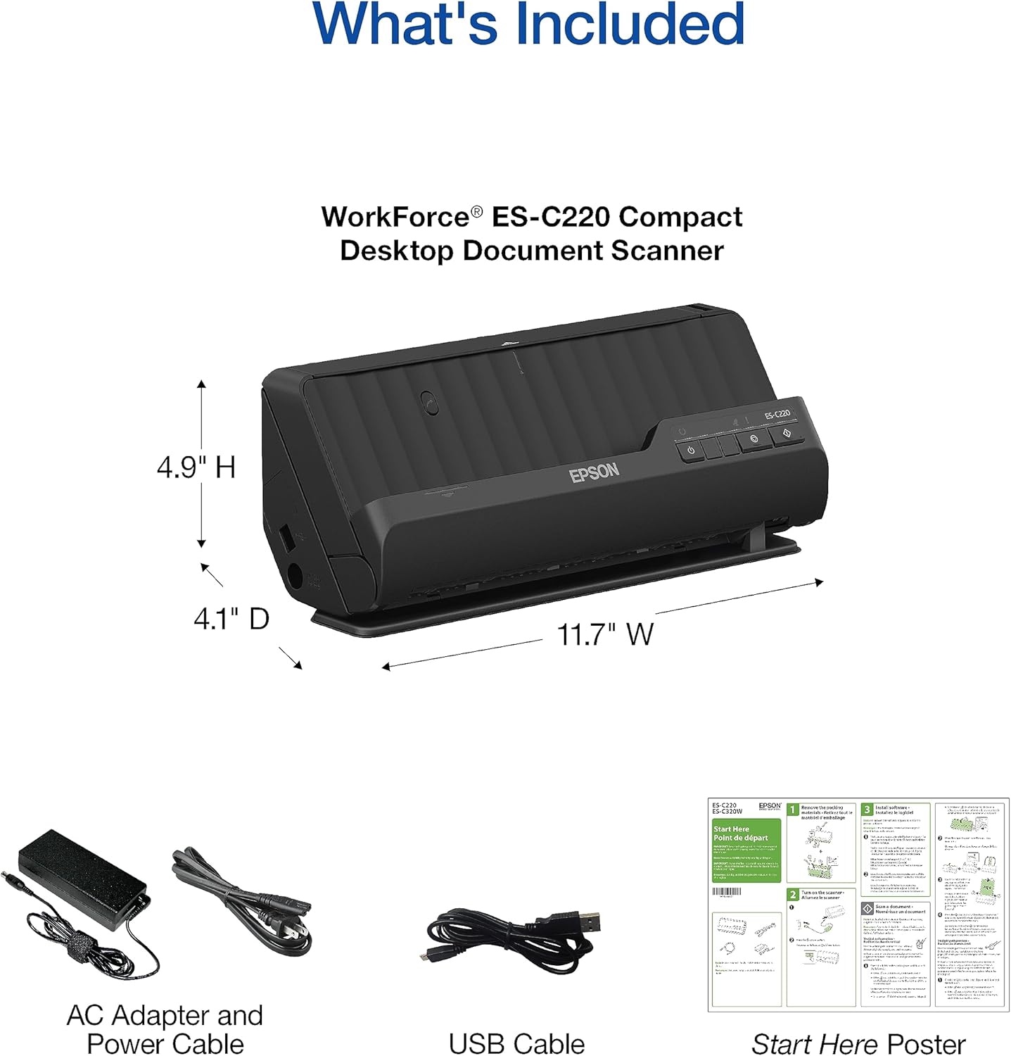 Epson Workforce ES-C220 Compact Desktop Document Scanner - 2-Sided Scanning - ADF - for PC and Mac