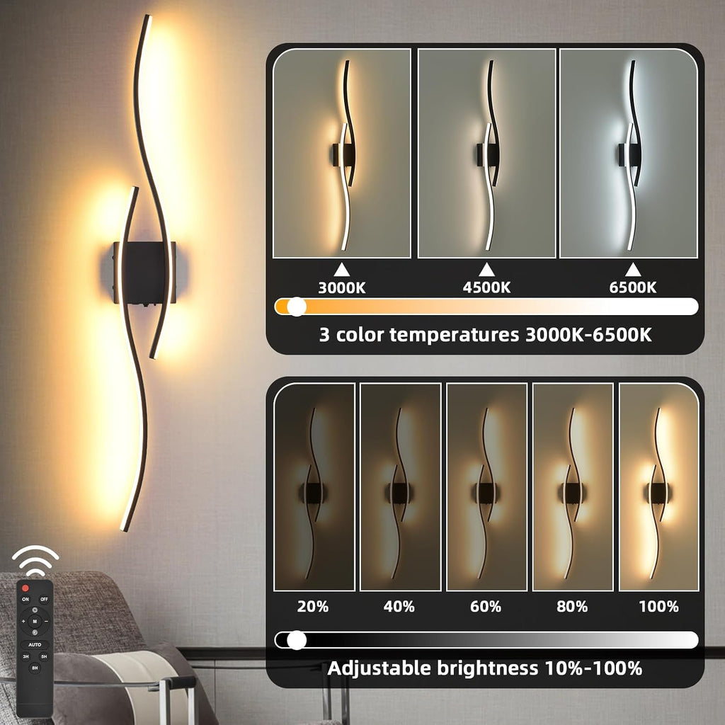 Battery Operated Wall Sconces Set Of Two, 3000K-6500K 39.4 inch black LED dimmable wireless wall sconce with remote control, USB rechargeable wall lights for Living Room Bedroom Hallway Background