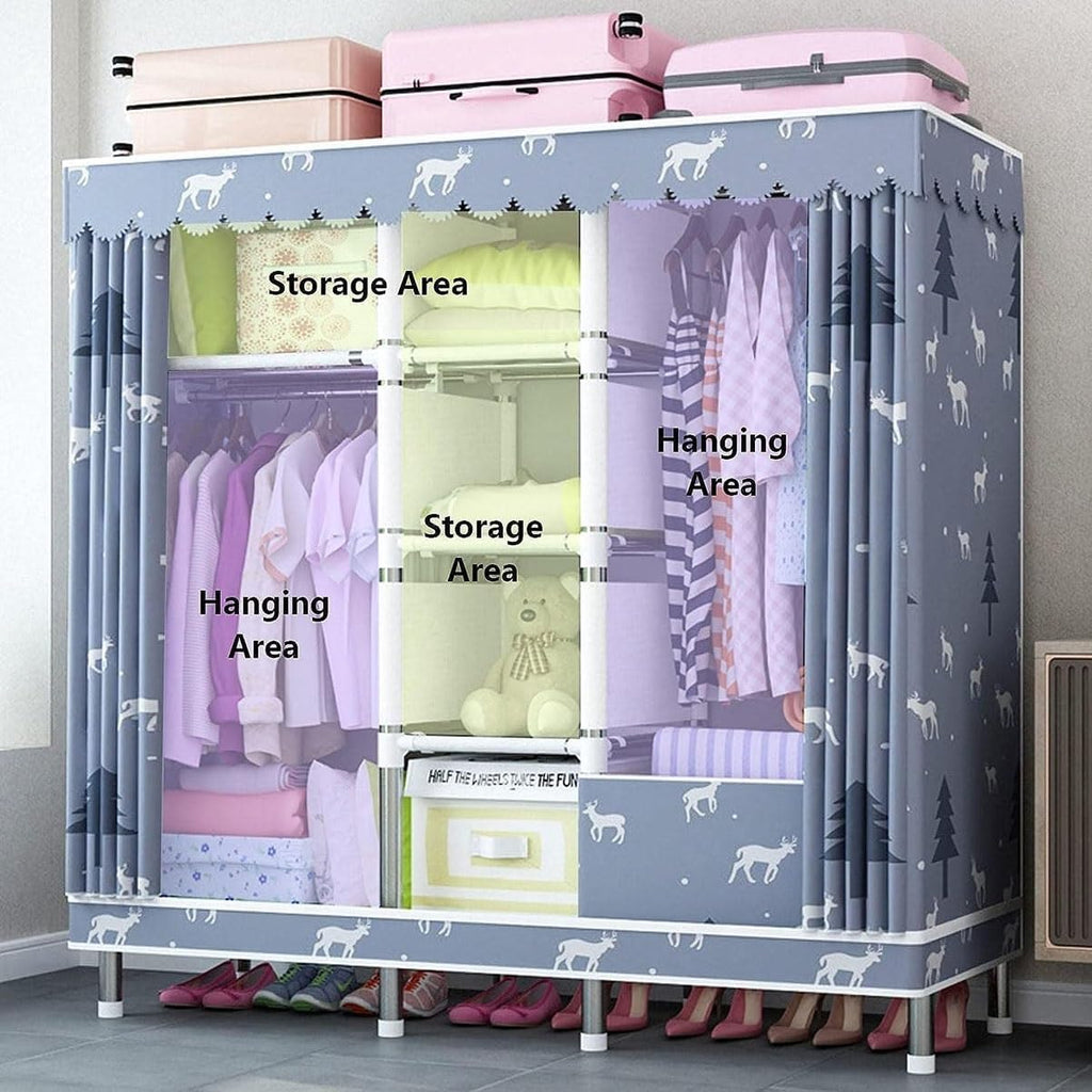 Metal Garment Rack Covered Clothes Rack with 2 Hanging Rods and Shelves Free Standing Closet Wardrobe with Fabric Cover for Bedroom (Color : Flower, Size : 160x45x172cm)