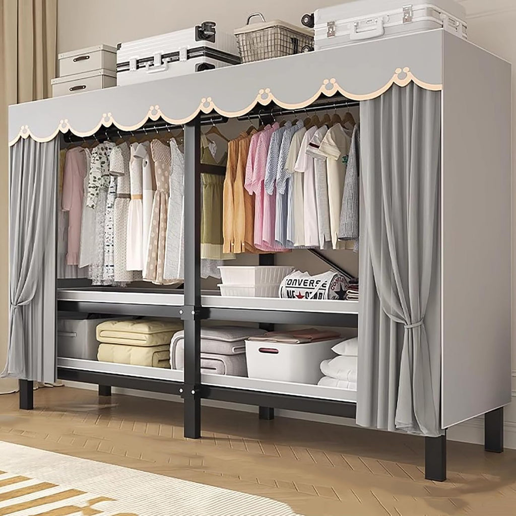Portable Wardrobe Closet Rack,Heavy-Duty Foldable Garment Rack with Cover, Freestanding Clothes Organizer System,Enclosed Curtain Armoires for Bedroom(C,150cm/59in)