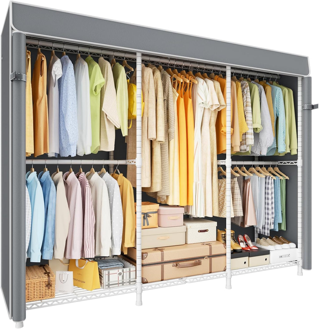 ULIFHOME E14C Pro Heavy Duty Closet Organizer System，Freestanding Clothing Racks for Hanging Clothes，Adjustable Garment Rack 69' W × 16' D × 77' H Hold 960 lbs，White Rack with Grey Dustproof Cover