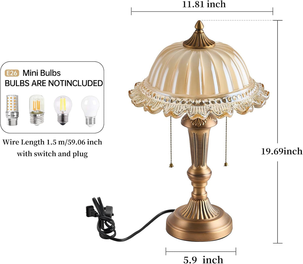 HDDFL Glass Shade Table Lamp Vintage Metal Desk Lamp 2 Lights Table Light with Plug Switch for Bedroom Living Room Home Office Brass and Brown