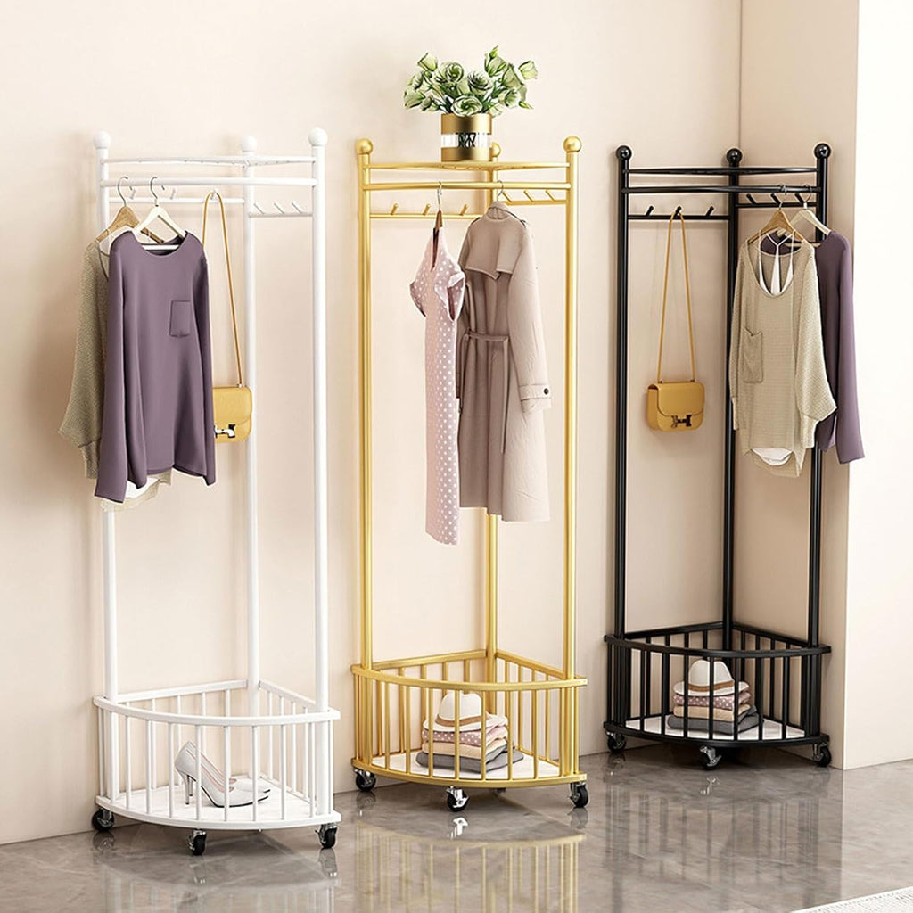 Standing Clothe Rack Corner Clothing Rack Free Standing Garment Hanging Rails Coat Rack Stand with Storage Basket/Wheel Portable Clothes Rack, for Dresses, Coats, Shirts (Color : White)