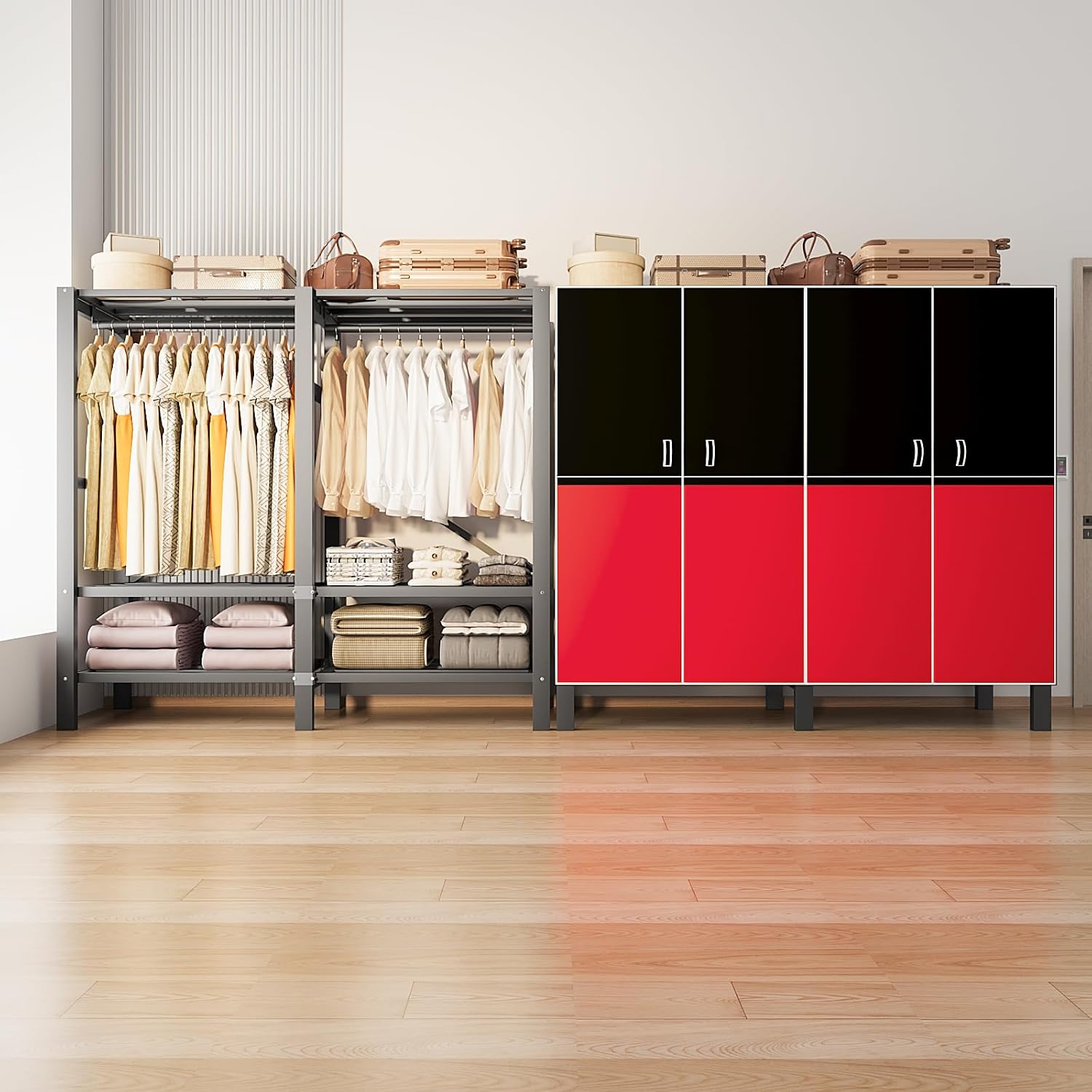Heavy Duty Portable Closet Wardrobe, Garment Rack with Cover & Hanging Rods, Freestanding Wardrobe with Magnetic Door, Metal Closet Rack for Hanging Clothes (Door Design C, 49.2''/125cm)