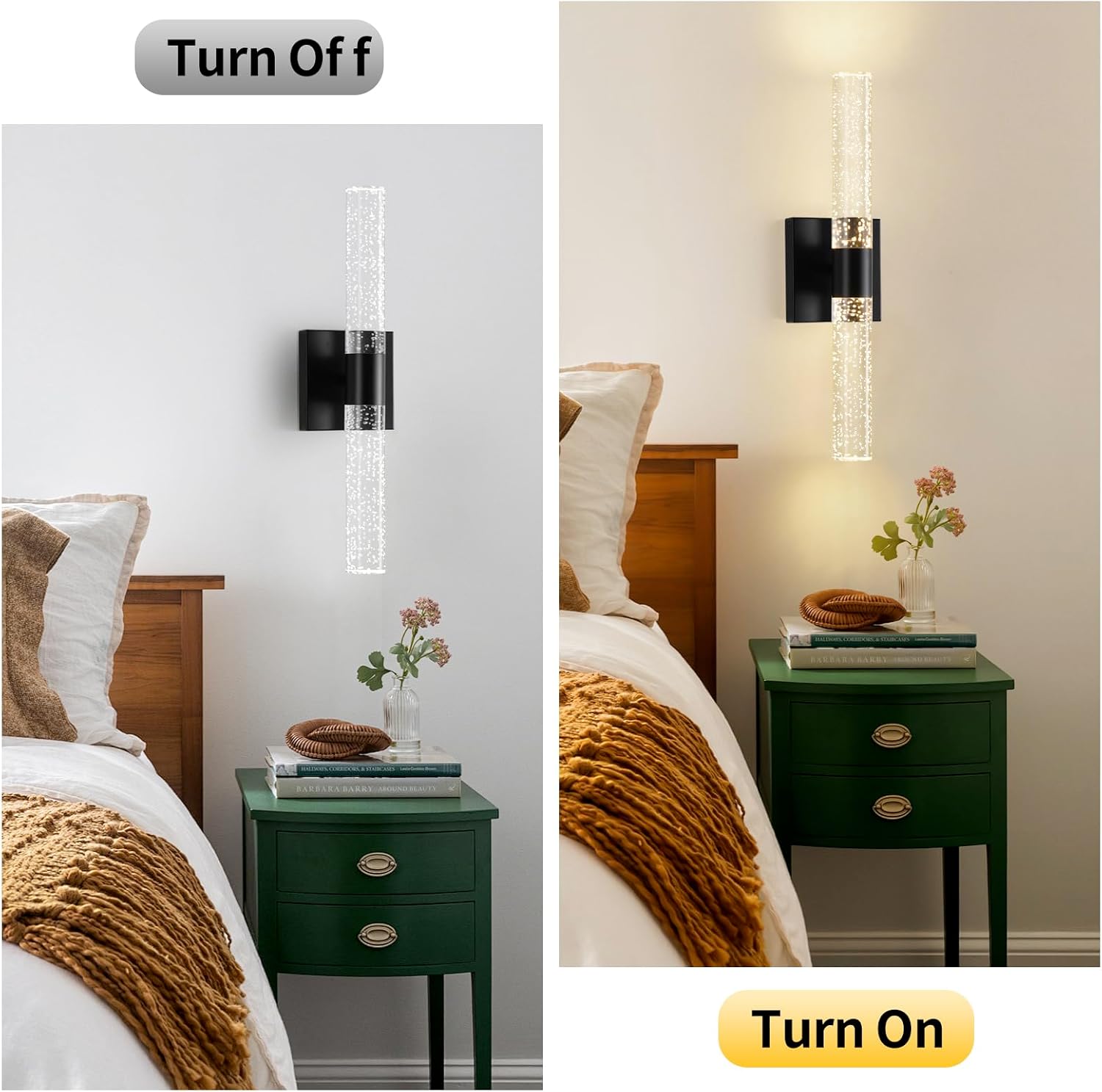 Black Modern LED Wall Sconces Set of Two 3000K-6000K Crystal Bathroom Sconce Lights 12W LED Vanity Light Bar Wall Lights for Bedroom Living Room, 18 Inch, 3 Color Temperature Adjust