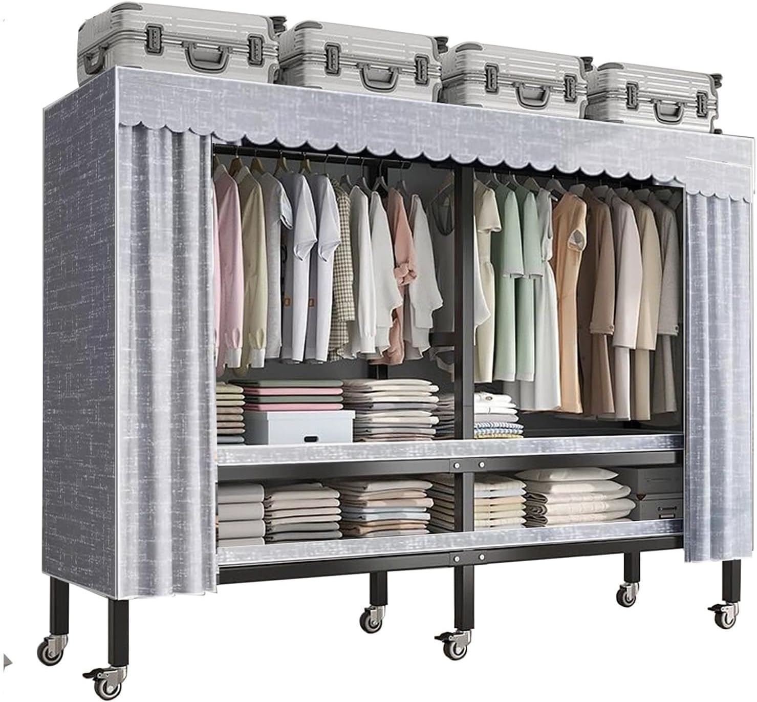 Heavy Duty Rolling Garment Rack With Cover, Width 20.47in，max 2000lbs, Foldable Clothing Rack For Hanging Clothes, Portable Freestanding Closets Wardrobe , Metal Armoires,multiple Sizes(150*52*180cm)