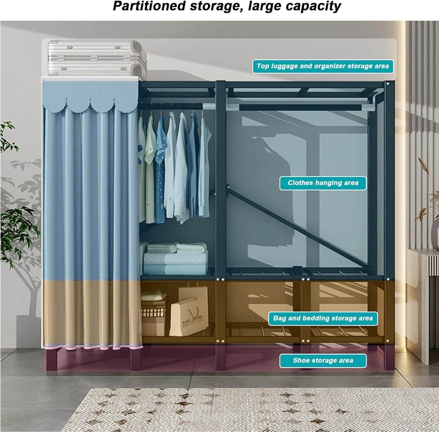 Portable Wardrobe Closet Rack - Foldable Portable Closet Wardrobe Rack - 1100lbs,Heavy-Duty Foldable Garment Rack with Cover，Freestanding Clothes Organizer System (Size : 168 * 50 * 170cm)