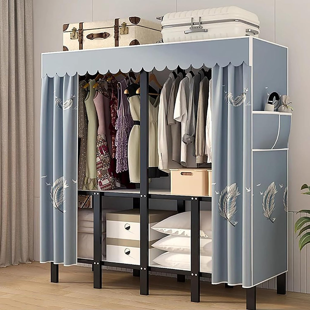 Portable Wardrobe Closet Storage Organizer for Bedroom, Folding Garment Rack, 23MM Thick Steel Hanging Rack with Polyester/Cotton Fabric Cover Blue(130 * 45 * 170cm)