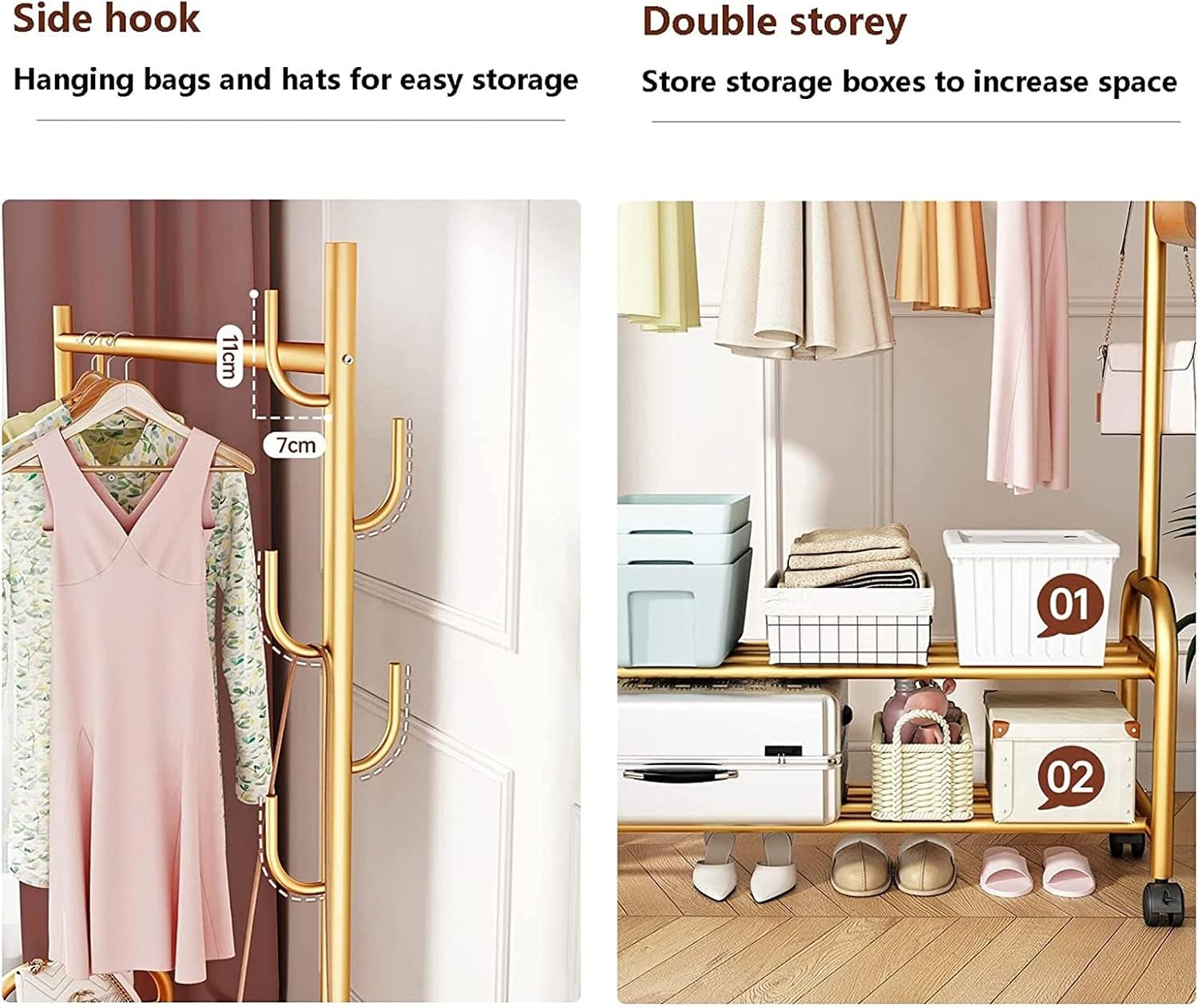 Metal Clothes Rail Freestanding Garment Rack with Storage Shelf and 7 Side Hooks Coat Rack Stand for Shoes and Boxes (Black 120cm)