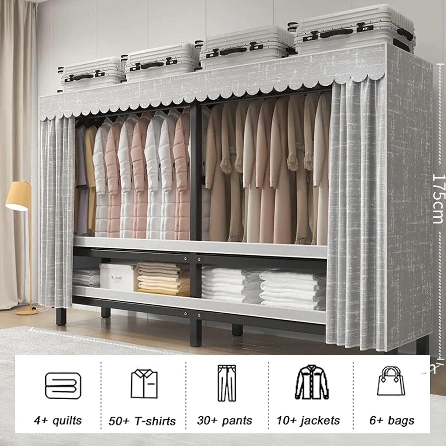 Heavy Duty Rolling Garment Rack With Cover, Width 20.47in，max 2000lbs, Foldable Clothing Rack For Hanging Clothes, Portable Freestanding Closets Wardrobe , Metal Armoires,multiple Sizes(150*52*180cm)