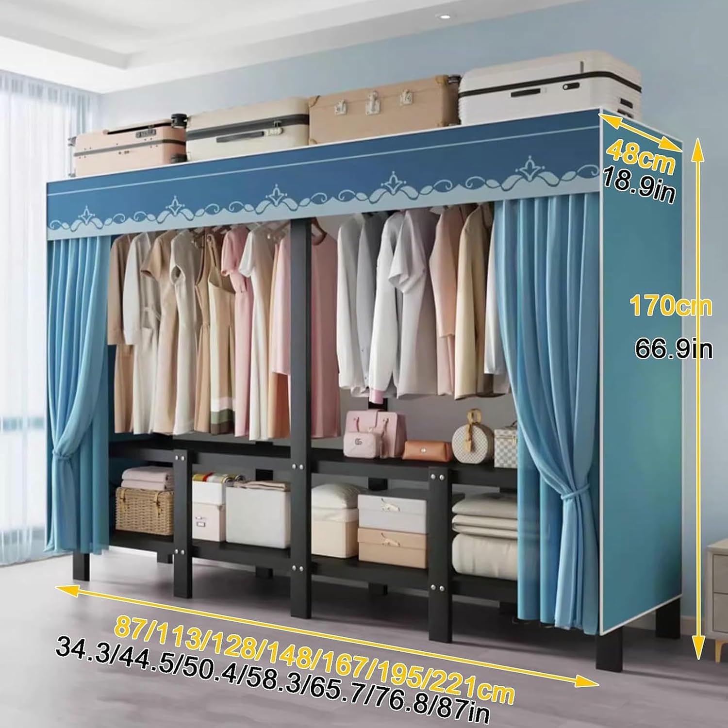 Foldable Wardrobe Closet System,Heavy Duty Portable Clothes Rack with Cover, Garment Racks for Bedroom