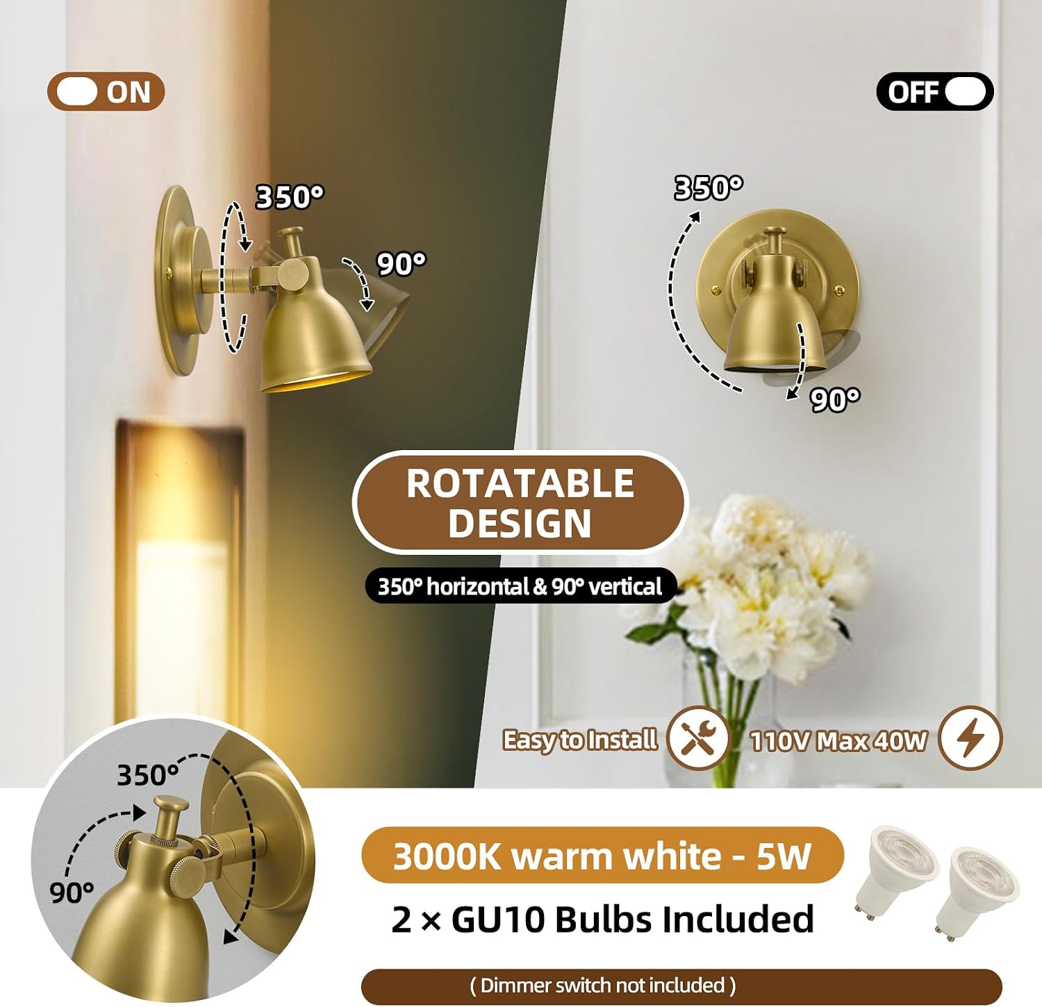 Gold Wall Sconces Set of 2 Hardwired - Brass Vintage Dimmable Indoor Small Bell Lights Fixtures Decor Set of Two for Bathroom Vanity Bedroom Bedside Hallway Living Room Kitchen Picture Lamp
