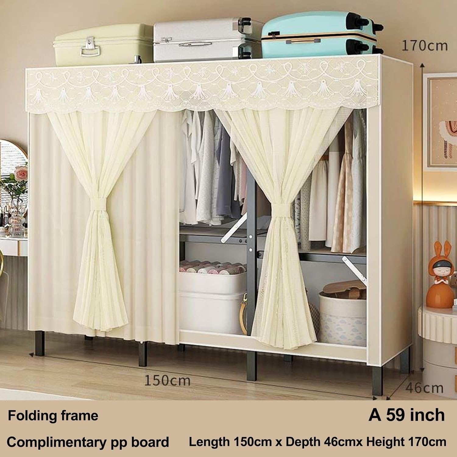 Collapsible Clothes Storage Organizer, Portable Closet Wardrobe with Cover Freestanding Garment Rack Cabinet, for Home and Retail,Load Capacity 1100lbs(B59in)